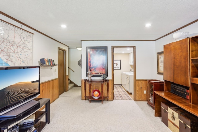 7676 Woodview Ct, Edina, MN 55439 - living area featuring ornamental molding, a wainscoted wall, light carpet, stairway, and wooden walls