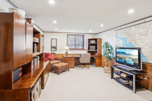 7676 Woodview Ct, Edina, MN 55439 - office area featuring carpet flooring, recessed lighting, ornamental molding, wainscoting, and wooden walls