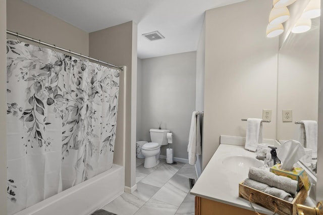 19062 180th Ave NW, Big Lake, MN 55309 - bathroom with toilet, vanity, marble finish floors, shower / bath combo, and baseboards