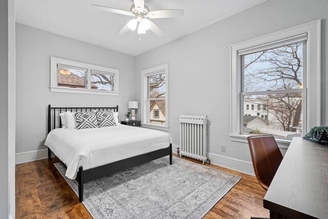bedroom with radiator heating unit, multiple windows, wood finished floors, and baseboards