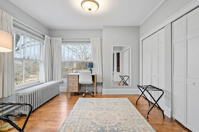 office with radiator, wood finished floors, and ornamental molding