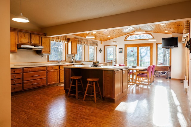kitchen with lofted ceiling, a kitchen island, brown cabinetry, dark wood-style floors, and light countertops