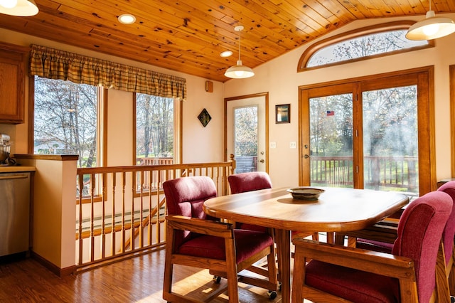 dining space with wood finished floors, wood ceiling, vaulted ceiling, a baseboard heating unit, and recessed lighting