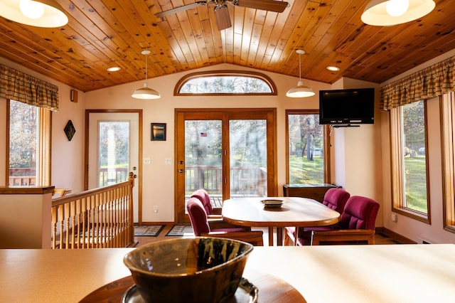dining space with vaulted ceiling, baseboards, wooden ceiling, healthy amount of natural light, and ceiling fan