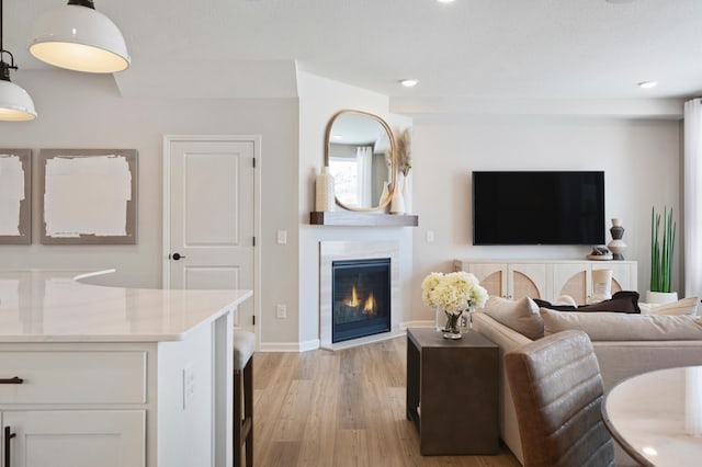14447 103rd Pl N, Maple Grove, MN 55369 - living area featuring light wood-style floors, a glass covered fireplace, baseboards, and recessed lighting