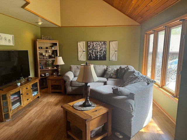 7525 Filbert Ln NE, Turtle River Twp, MN 56601 - living area featuring vaulted ceiling, wood finished floors, wooden ceiling, and baseboards