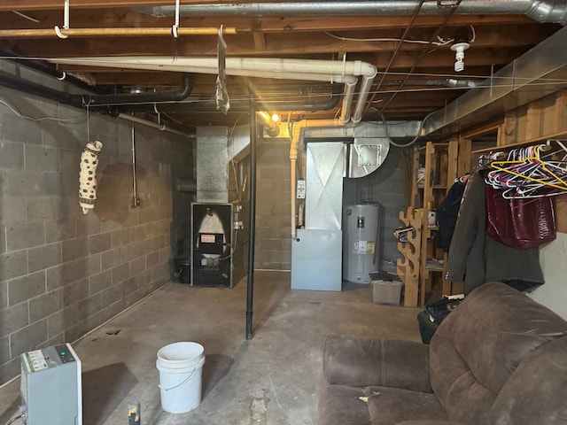 7525 Filbert Ln NE, Turtle River Twp, MN 56601 - unfinished basement featuring water heater, heating unit, and concrete block wall
