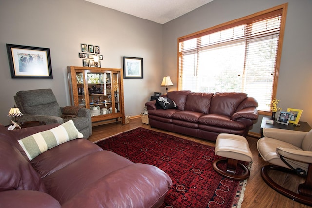 living area with wood finished floors and baseboards
