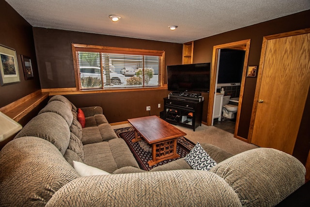 carpeted living room with a textured ceiling