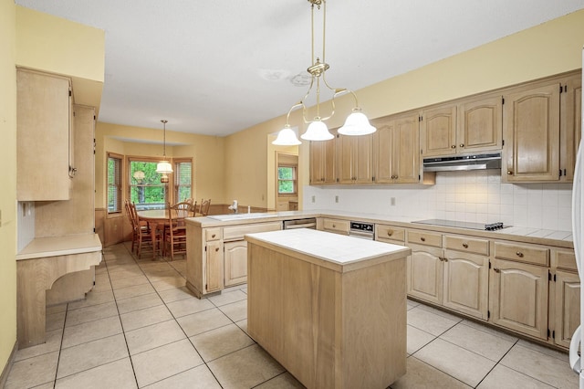 2401 Omeara Ct, Burnsville, MN 55306 - kitchen with a peninsula, under cabinet range hood, tile countertops, and light brown cabinets