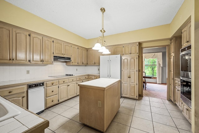 2401 Omeara Ct, Burnsville, MN 55306 - kitchen with double oven, tile countertops, freestanding refrigerator, black electric stovetop, and a kitchen island