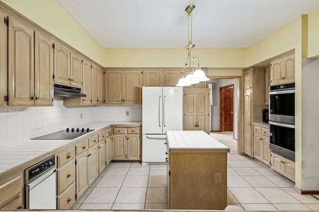 2401 Omeara Ct, Burnsville, MN 55306 - kitchen featuring black appliances, tile counters, a center island, under cabinet range hood, and decorative backsplash