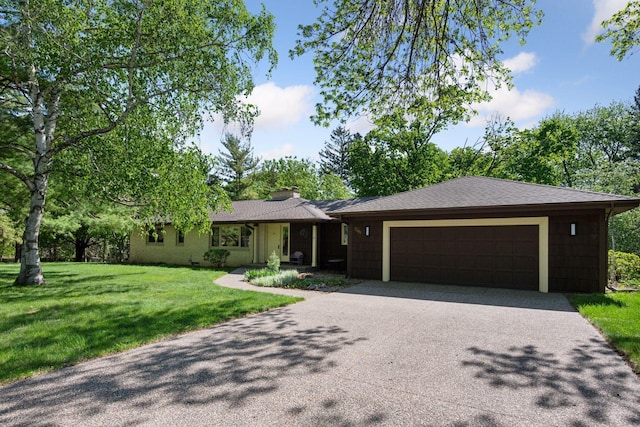 7081 Shawnee Ln, Chanhassen, MN 55317 - ranch-style home with a garage, driveway, a front yard, a chimney, and roof with shingles