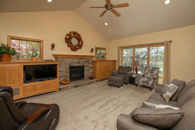 770 Valley View Rd SW, Oronoco, MN 55960 - living room with carpet flooring, ceiling fan, recessed lighting, high vaulted ceiling, and a fireplace