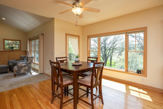770 Valley View Rd SW, Oronoco, MN 55960 - dining area with light wood finished floors, baseboards, a ceiling fan, and vaulted ceiling
