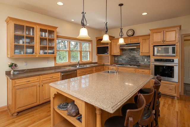 770 Valley View Rd SW, Oronoco, MN 55960 - kitchen with appliances with stainless steel finishes, a sink, light wood-style flooring, open shelves, and recessed lighting