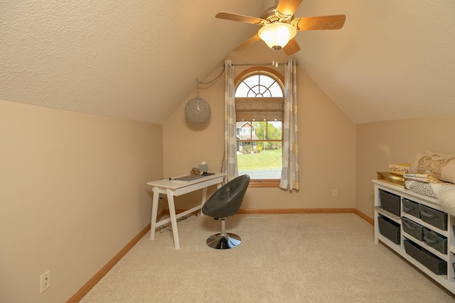 770 Valley View Rd SW, Oronoco, MN 55960 - office with light carpet, baseboards, lofted ceiling, a ceiling fan, and a textured ceiling