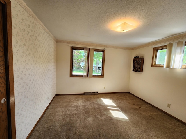 unfurnished room with a textured ceiling, carpet, and baseboards