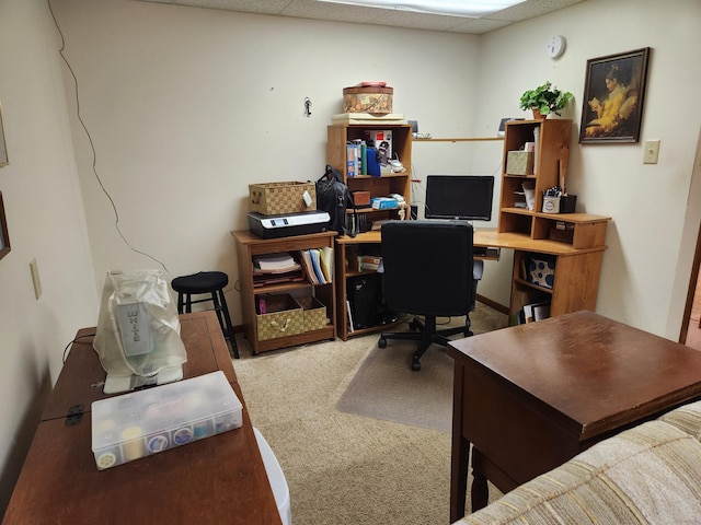 carpeted office featuring a drop ceiling