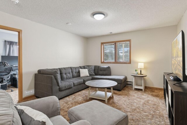 14870 Endicott Way Unit 20, Apple Valley, MN 55124 - living area with a baseboard radiator, a textured ceiling, and carpet