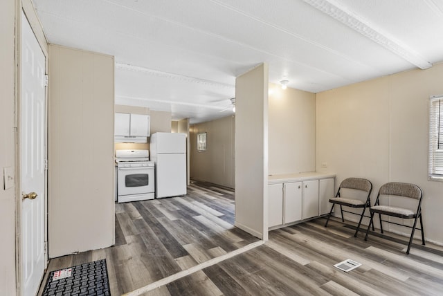 501 Forest St Unit 18, Belle Plaine, MN 56011 - kitchen featuring white appliances, wood finished floors, under cabinet range hood, a ceiling fan, and light countertops