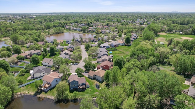 aerial view of residential area featuring a large body of water and a forest