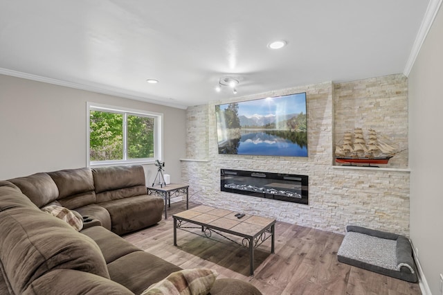 living area featuring ornamental molding, wood finished floors, and a stone fireplace