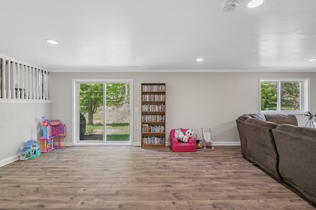 rec room featuring plenty of natural light, wood finished floors, baseboards, crown molding, and recessed lighting
