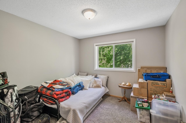 bedroom with carpet and a textured ceiling