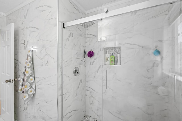 full bath featuring crown molding and a marble finish shower