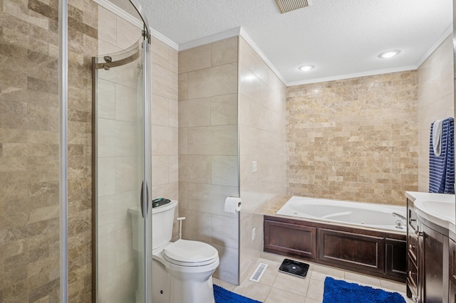 full bath with crown molding, tile walls, a textured ceiling, a stall shower, and a garden tub