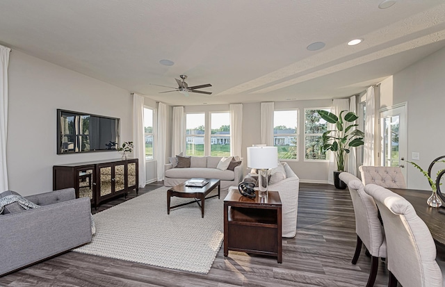 9997 Mulberry Ln, Corcoran, MN 55374 - living room with dark wood-style floors, a ceiling fan, baseboards, and recessed lighting