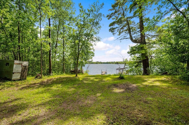 view of grassy yard featuring a water view