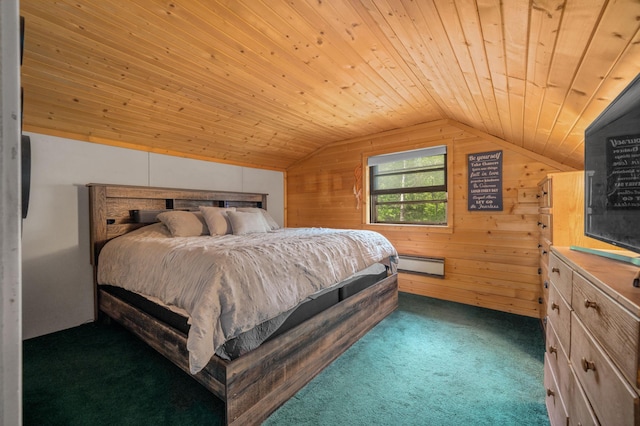 carpeted bedroom featuring wood walls, vaulted ceiling, wooden ceiling, and baseboard heating
