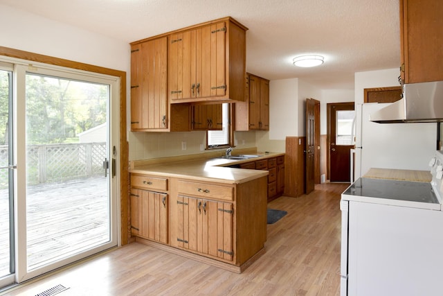 kitchen featuring white electric stove, under cabinet range hood, a sink, and plenty of natural light