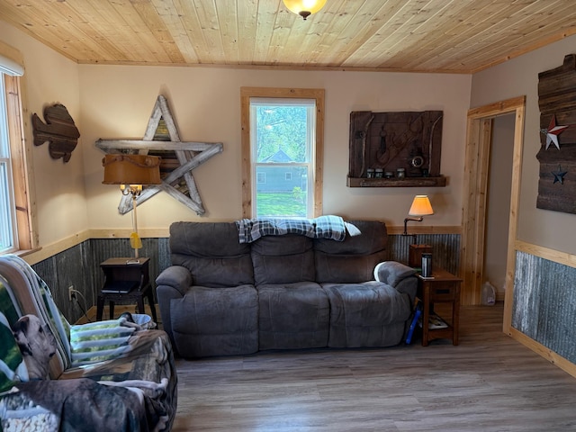 303 4th St S, Hoffman, MN 56339 - living area with wood ceiling, a wainscoted wall, and wood finished floors
