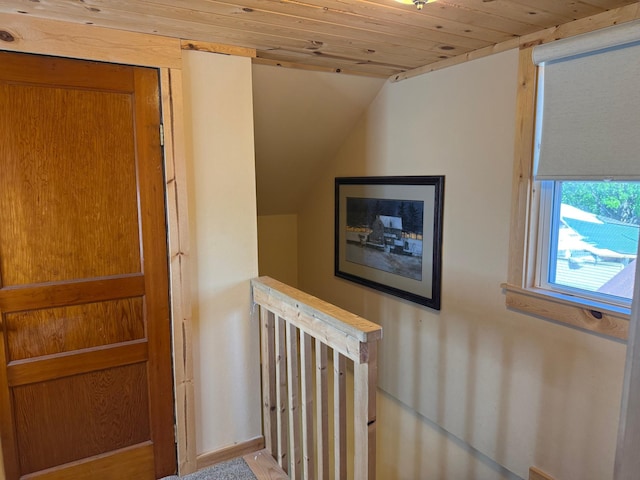 303 4th St S, Hoffman, MN 56339 - corridor with an upstairs landing, wooden ceiling, and vaulted ceiling