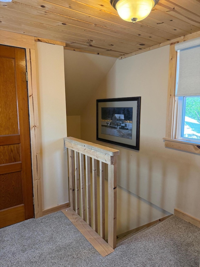 303 4th St S, Hoffman, MN 56339 - stairway featuring carpet, baseboards, wooden ceiling, and lofted ceiling