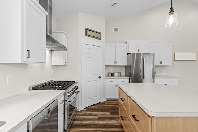 6359 313th Ave NE, North Branch, MN 55056 - kitchen with appliances with stainless steel finishes, lofted ceiling, dark wood finished floors, light countertops, and hanging light fixtures