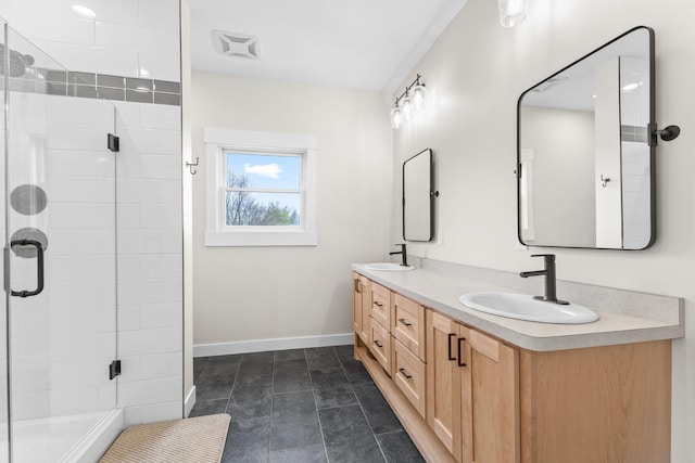 6359 313th Ave NE, North Branch, MN 55056 - full bathroom with baseboards, a stall shower, and double vanity