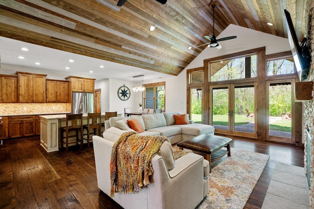 living room with ceiling fan, dark wood-style floors, recessed lighting, high vaulted ceiling, and wooden ceiling