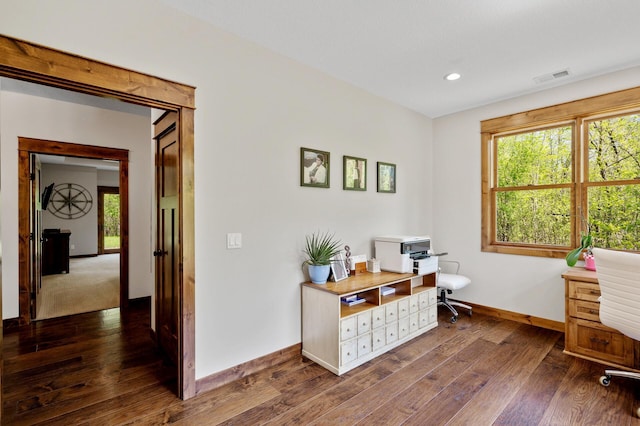 office featuring baseboards, dark wood-type flooring, and recessed lighting