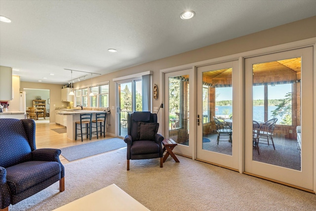 living area featuring a water view, light colored carpet, and recessed lighting
