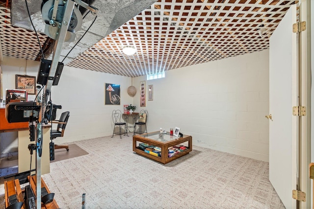 recreation room with concrete block wall
