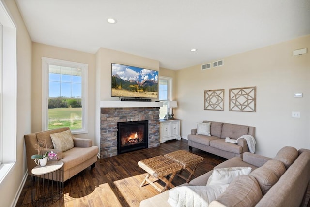 13985 120th St N, Stillwater Twp, MN 55082 - living area with a fireplace, wood finished floors, recessed lighting, and baseboards