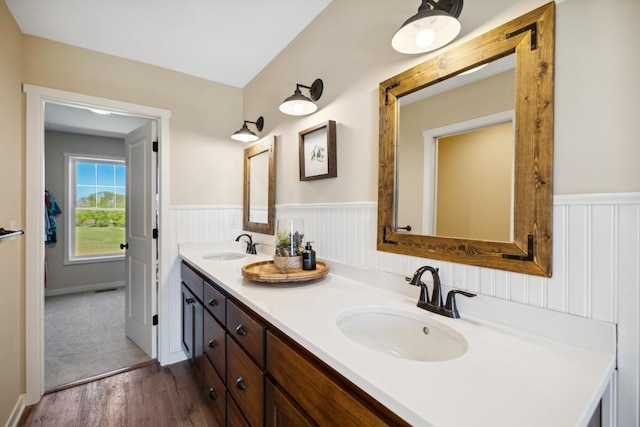 13985 120th St N, Stillwater Twp, MN 55082 - bathroom with a wainscoted wall, wood finished floors, and double vanity