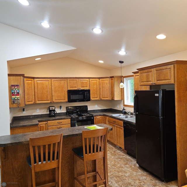 1171 Long Bridge Cir, Detroit Lakes, MN 56501 - kitchen with black appliances, dark countertops, a sink, vaulted ceiling, and a breakfast bar