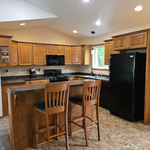 1171 Long Bridge Cir, Detroit Lakes, MN 56501 - kitchen with black appliances, dark countertops, decorative light fixtures, vaulted ceiling, and a kitchen breakfast bar