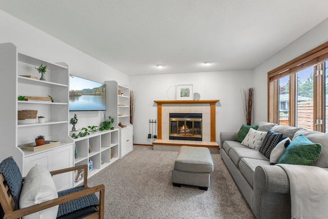 carpeted living room with a fireplace