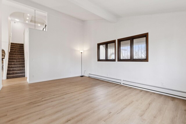 19835 County Road 30, Corcoran, MN 55340 - spare room featuring a baseboard radiator, wood finished floors, beam ceiling, stairs, and recessed lighting